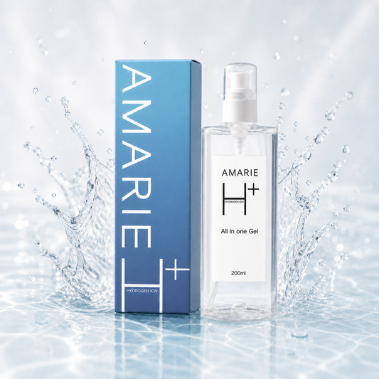 Amarie H+ オールインワンジェル 200ml 化粧箱付き 水しぶき背景の商品画像
